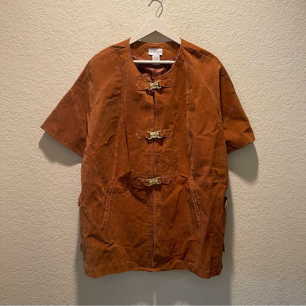 Soft Surroundings 100% genuine leather (suede) cognac kimono style cape, size 1X